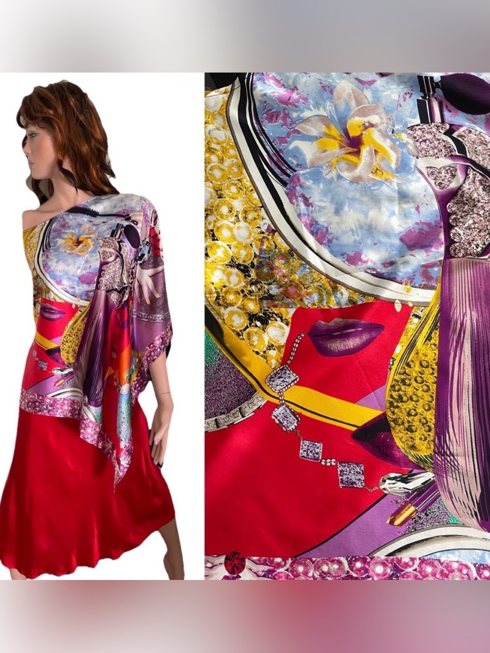 CUSTO BARCELONA Digital Print TOP Extended Sleeve Poncho Style O/S Silk Blend